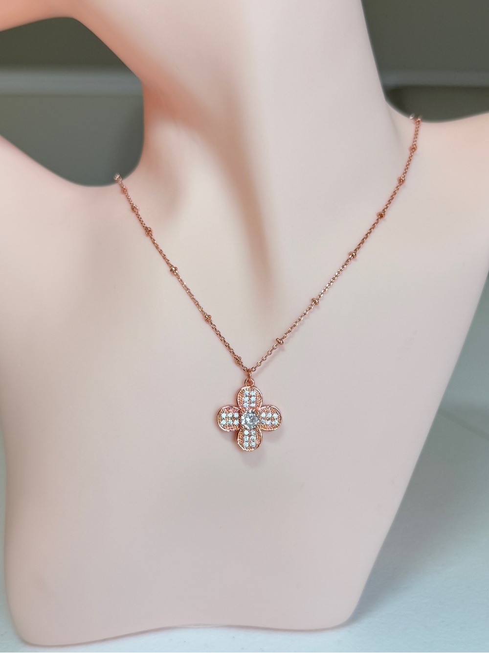 Rose Gold Clover Pendant Necklace with Pavé CZ